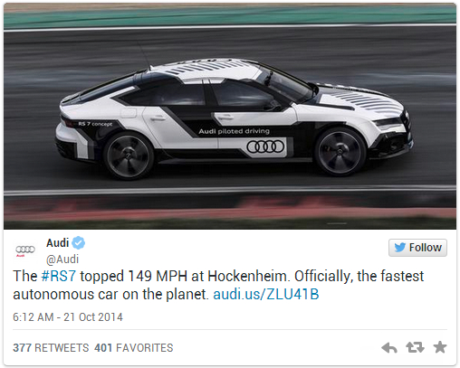 全球最快的无人驾驶汽车奥迪RS7测试视频